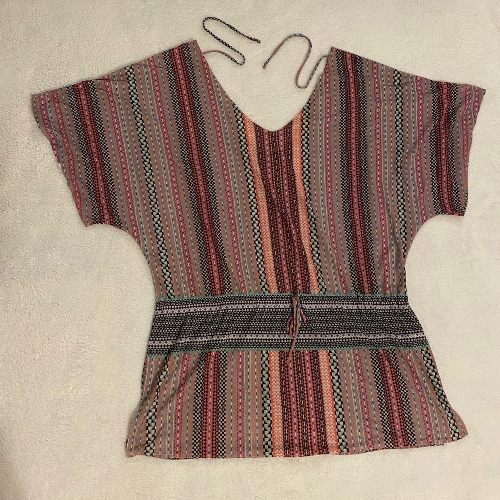 Prana Pink and Green Asymmetrical Dolman Sleeve Blouse